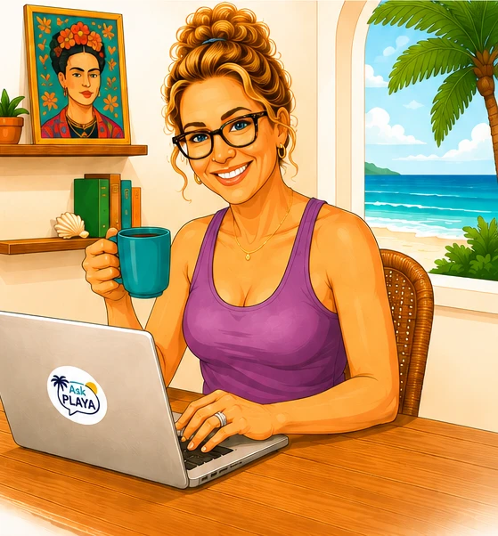 Illustration of Amy, Ask Playa's creator, working on her laptop with a view of the beach