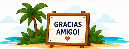 Illustration of a palm tree island with a wooden sign reading Gracias Amigo