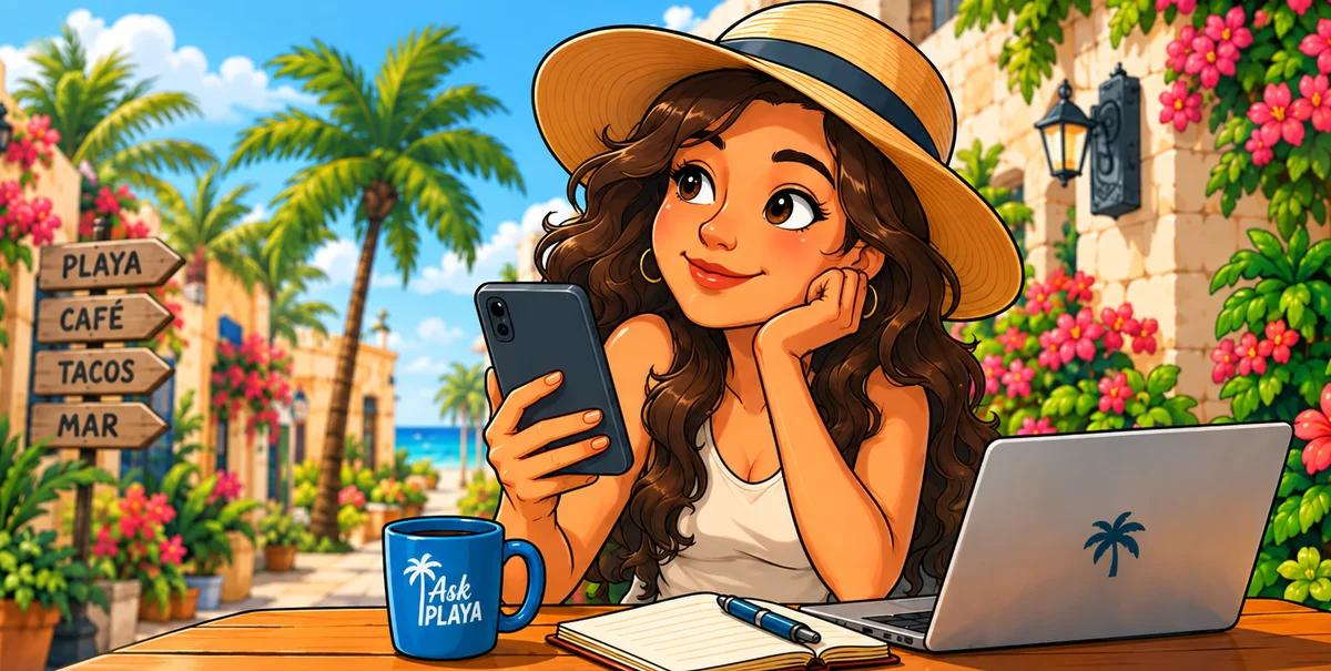 Illustration of a woman at a cafe table in Playa del Carmen looking at her phone with a laptop and an Ask Playa mug nearby