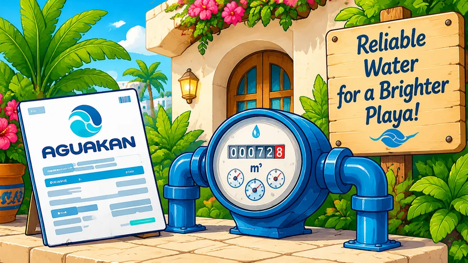 An illustrated Aguakan water bill propped up beside a blue water meter on a sunny Playa patio, with a wooden sign reading "Reliable Water for a Brighter Playa!"