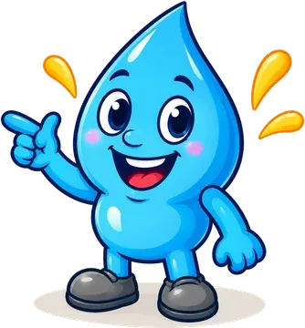 A smiling cartoon water drop pointing and waving