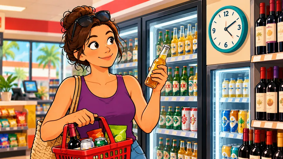 An illustrated woman in a Playa del Carmen convenience store holding a bottle of beer and a shopping basket, looking up at a wall clock beside the beer fridges and wine shelves