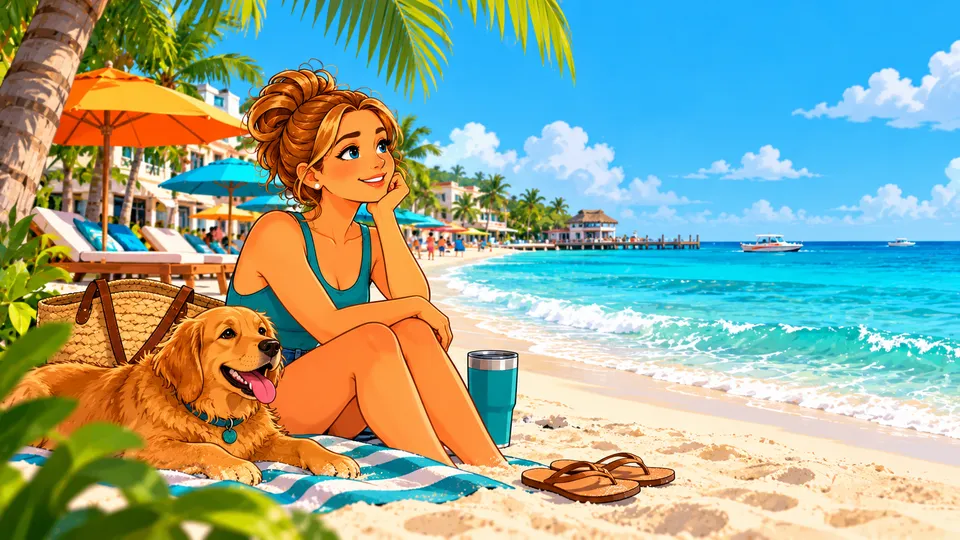 An illustrated smiling woman relaxing on a towel on a sunny Playa del Carmen beach with her golden retriever, a beach bag and a tumbler, with umbrellas, a pier and turquoise water behind her