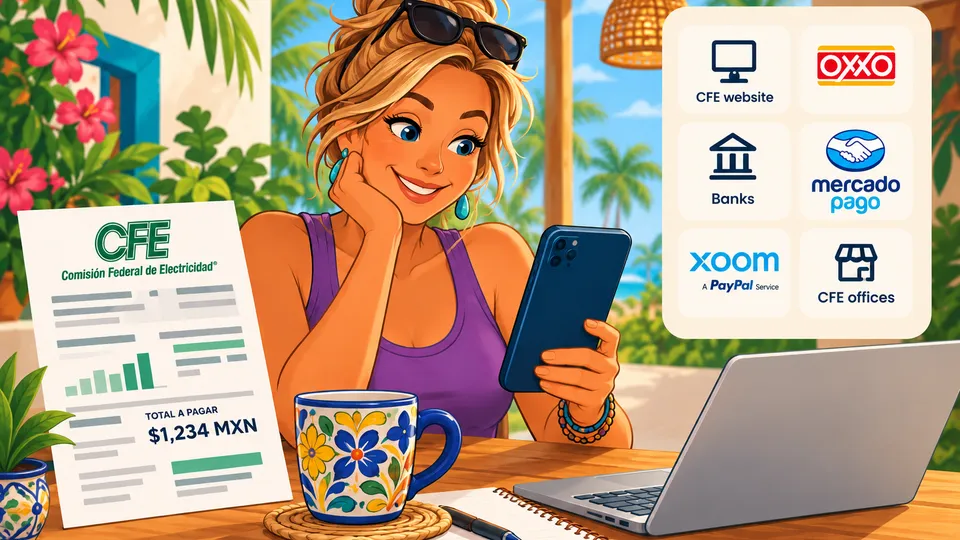 An illustrated woman at a patio table checking her phone beside a CFE bill, with tiles showing ways to pay: CFE website, OXXO, banks, Mercado Pago, Xoom and CFE offices