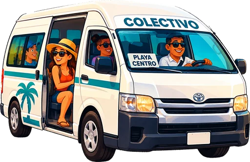 A white colectivo van with passengers and a smiling driver