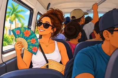 An illustrated smiling woman in sunglasses cooling herself with a flowered hand fan by an open window on a crowded colectivo, with standing passengers holding the rail behind her