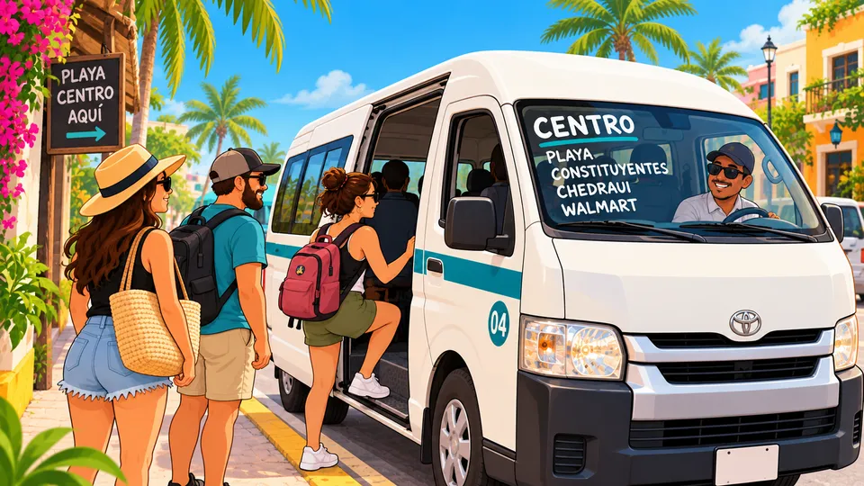 An illustrated group of travelers boarding a white colectivo van on a Playa street, with destinations hand-lettered on the windshield and a smiling driver