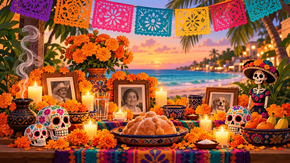 An illustrated Día de Muertos ofrenda on Playa's waterfront at sunset, with orange marigolds, candles, framed photos of a grandfather, a grandmother and a dog, pan de muerto, sugar skulls, a Catrina figure and colorful papel picado