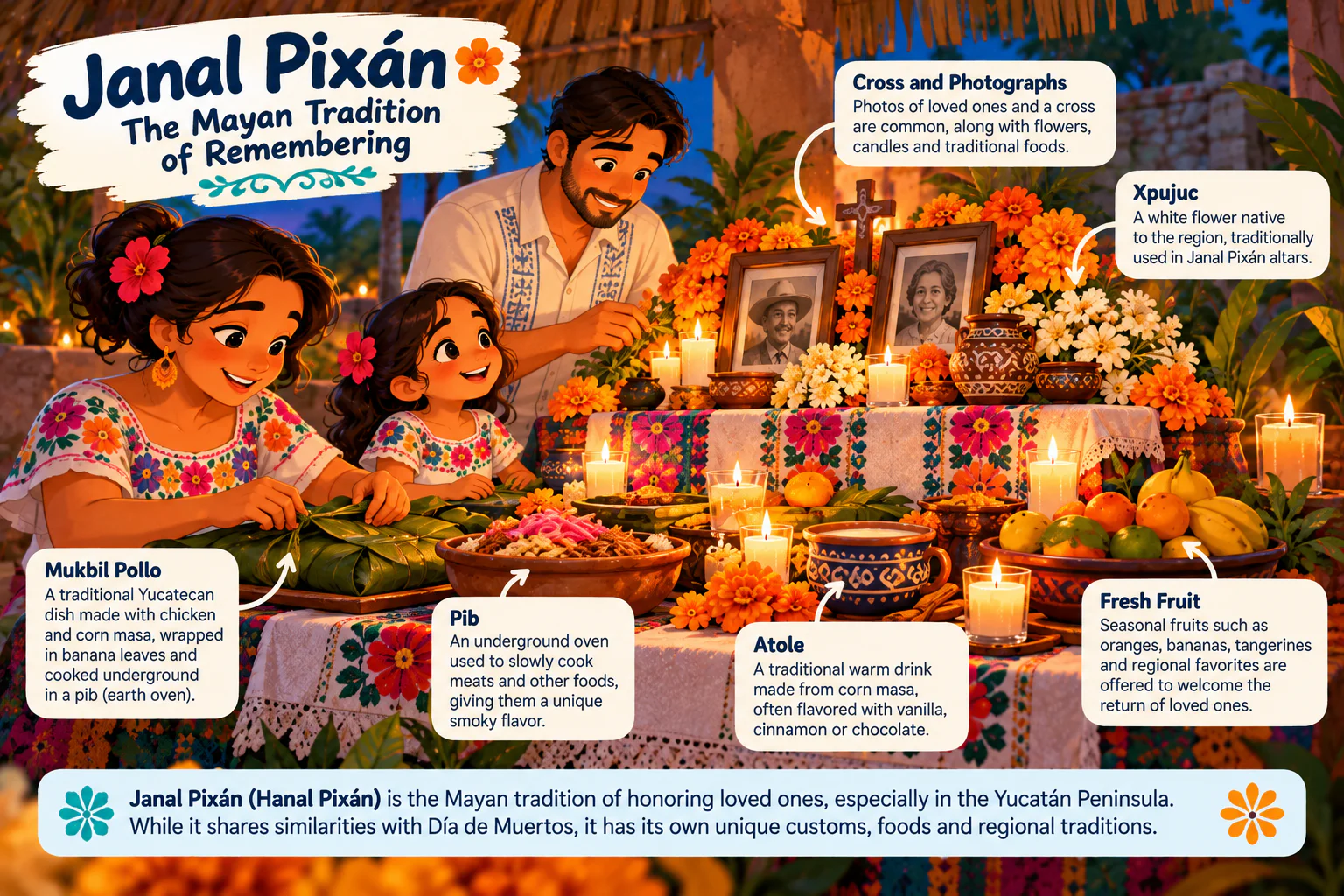Labeled illustration of a family preparing a Janal Pixán altar at night: mukbil pollo wrapped in banana leaves, a pib (underground oven), atole, fresh fruit, xpujuc flowers, a cross and family photographs on an embroidered cloth