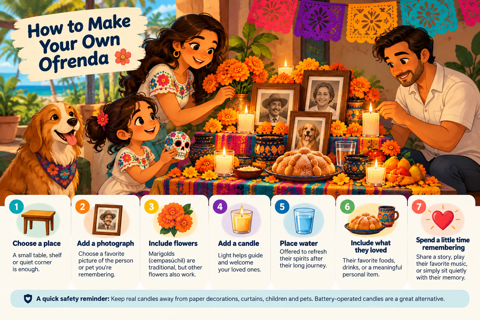 Illustrated family building an ofrenda with marigolds, candles, photos and a sugar skull while their dog watches, above seven steps: choose a place, add a photograph, include flowers, add a candle, place water, include what they loved, and spend a little time remembering, with a candle safety reminder