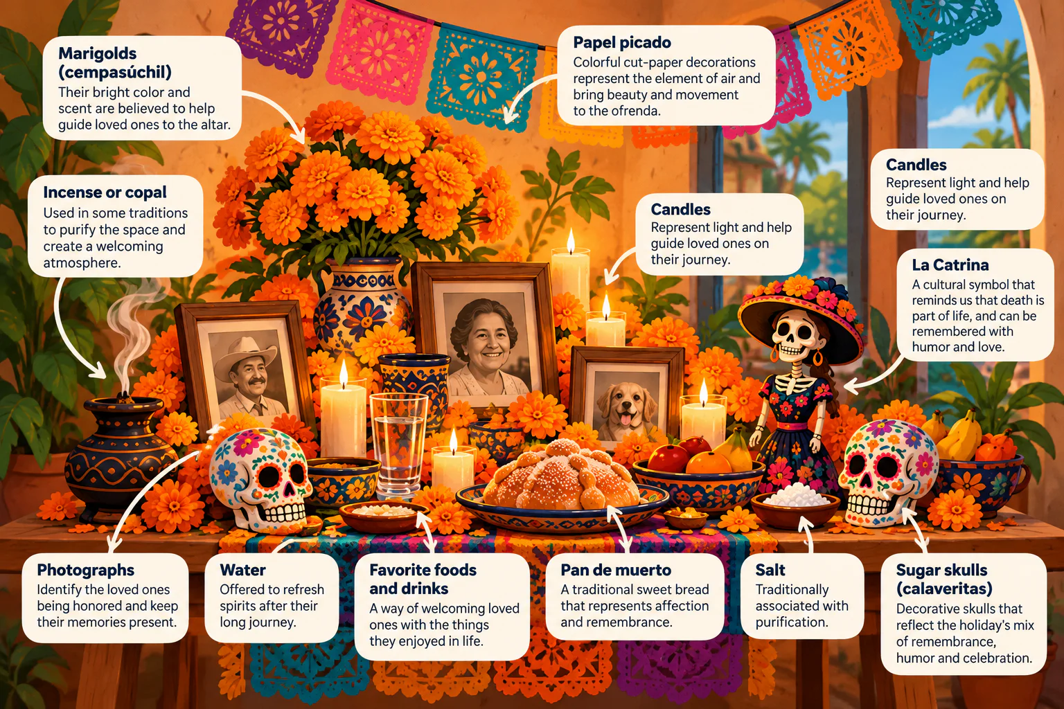 Labeled illustration of a Día de Muertos ofrenda: marigolds (cempasúchil), papel picado, candles, incense or copal, La Catrina, photographs, water, favorite foods and drinks, pan de muerto, salt and sugar skulls (calaveritas), each with a short explanation