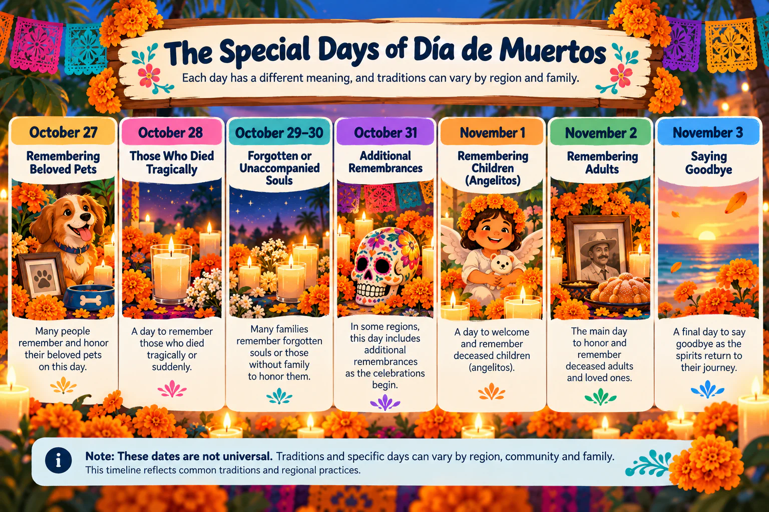 Illustrated timeline, The Special Days of Día de Muertos: October 27 remembering beloved pets, October 28 those who died tragically, October 29–30 forgotten or unaccompanied souls, October 31 additional remembrances, November 1 remembering children (angelitos), November 2 remembering adults, November 3 saying goodbye, with a note that these dates are not universal