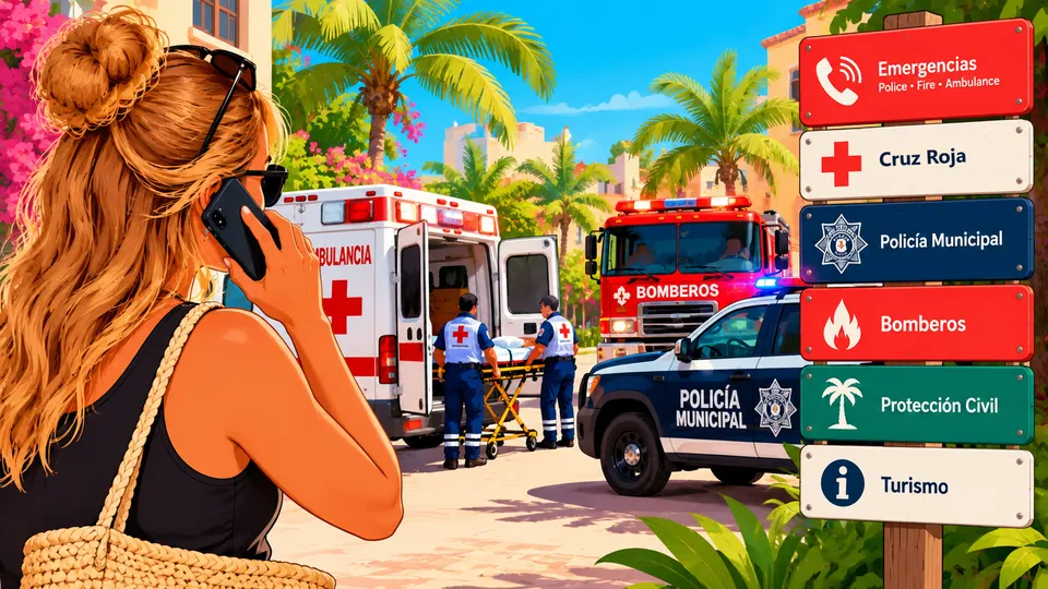 Illustrated woman on her phone on a sunny Playa del Carmen street, with paramedics loading an ambulance, a fire truck and a municipal police car nearby, and a signpost pointing to emergency services
