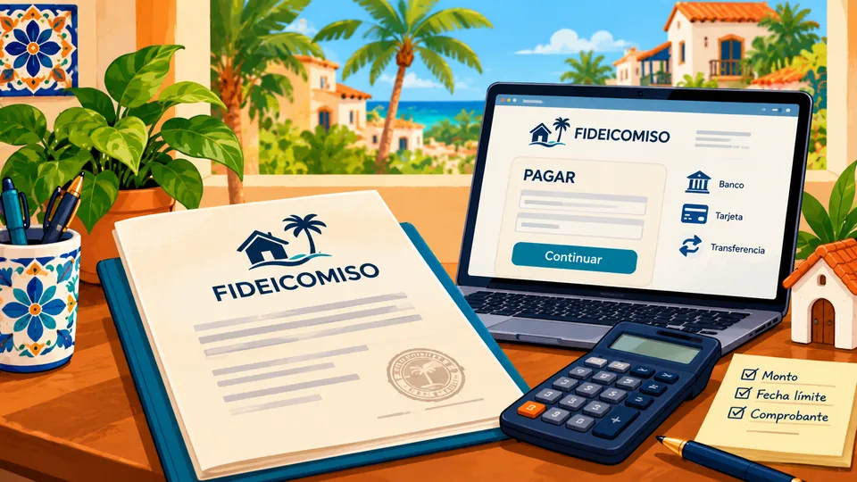 Illustrated desk with a folder marked Fideicomiso, a laptop showing a Pagar (pay) screen, a calculator and a sticky note checklist reading Monto, Fecha límite and Comprobante, in front of a window with palm trees and the sea