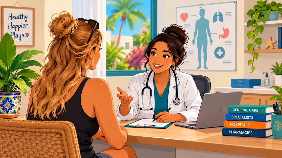 Illustrated doctor in a white coat and stethoscope talking with a patient across a desk in a bright Playa del Carmen office, with a palm tree outside the window and books labeled General Care, Specialists, Hospitals and Pharmacies