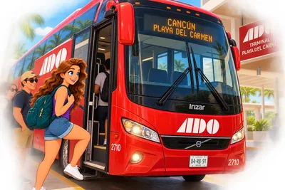 An illustrated woman with a backpack boarding a red ADO bus to Cancún at a Playa del Carmen terminal