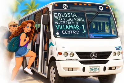 An illustrated woman with a backpack stepping aboard a white colectivo minibus with destinations listed on its windshield