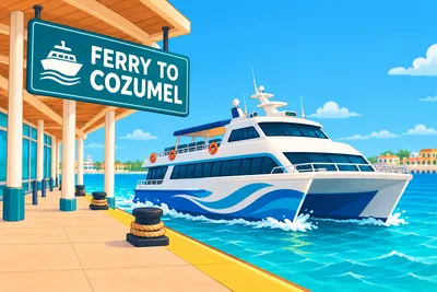 An illustrated passenger ferry pulling away from a dock under a Ferry to Cozumel sign, on turquoise water