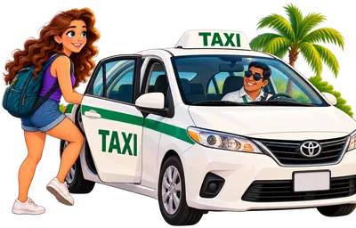 An illustrated woman with a backpack opening the door of a white and green Playa del Carmen taxi while the smiling driver waits