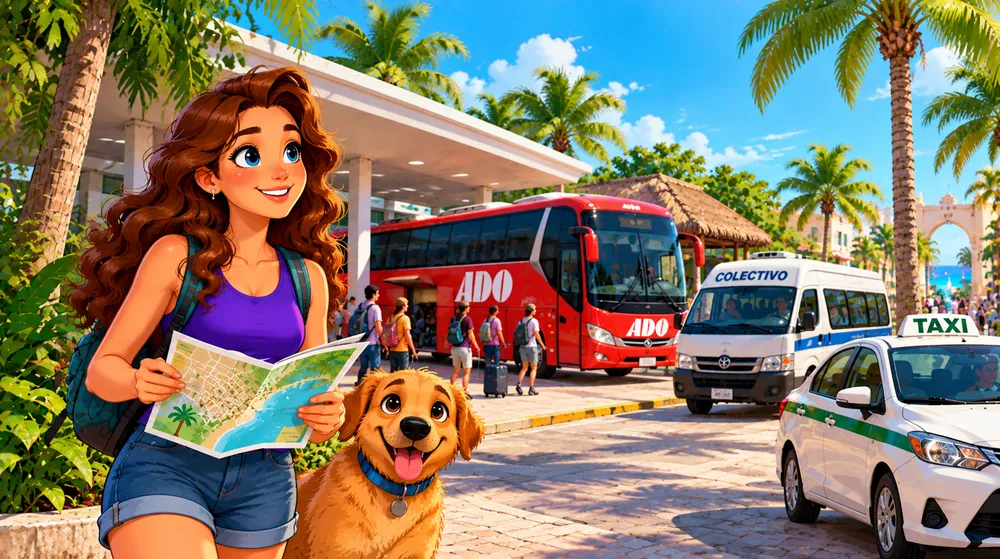 An illustrated woman with a backpack and a map, with her golden dog, outside a Playa del Carmen bus terminal with a red ADO bus, a white colectivo van and a taxi parked nearby