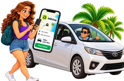 An illustrated woman holding a phone showing the inDrive app with an offer-your-fare screen, next to a white car with a smiling driver