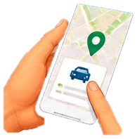 An illustrated hand holding a phone showing a map pin and a car icon for a requested ride