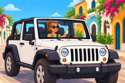 An illustrated smiling woman in sunglasses driving a white open-top Jeep down a colorful Playa street