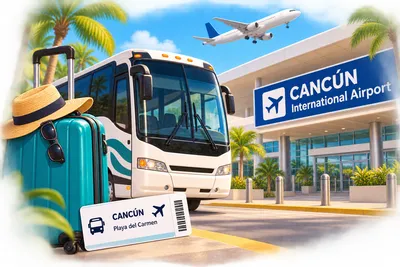 An illustrated suitcase, straw hat and Cancún to Playa del Carmen bus ticket beside a white bus outside Cancún International Airport