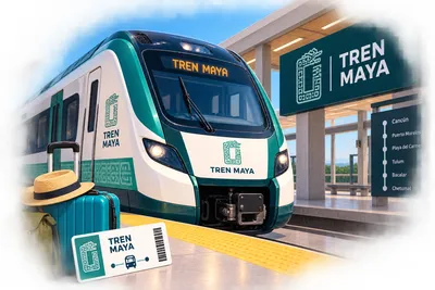 An illustrated Tren Maya train at a station platform, with a suitcase, straw hat and Tren Maya ticket in the foreground