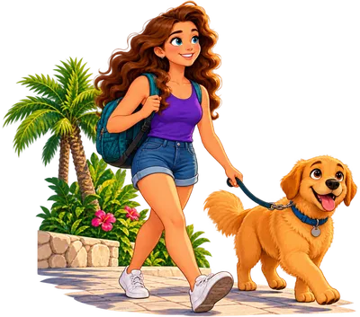 An illustrated smiling woman with a backpack walking her golden dog on a leash past a palm tree and hibiscus flowers