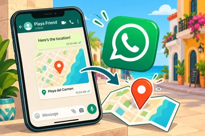 An illustrated phone showing a WhatsApp chat with a shared Playa del Carmen location pin, next to the WhatsApp logo and a folded map