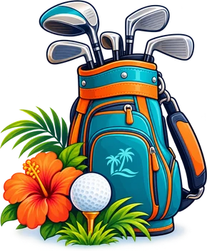 An illustrated golf bag with clubs, a golf ball on a tee and a hibiscus flower