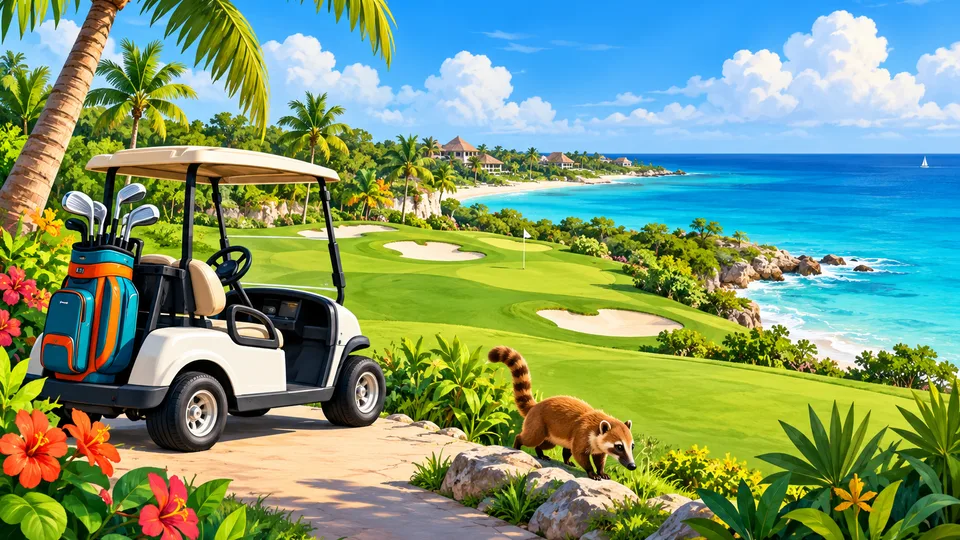 An illustrated golf cart with a golf bag on a jungle path above a seaside golf course, with a coati walking by and the Caribbean beyond
