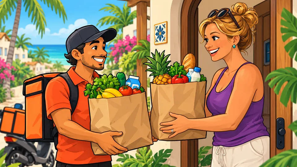 An illustrated delivery driver with an orange backpack handing two paper bags full of groceries to a smiling woman at her front door, with palm trees and the Caribbean behind them