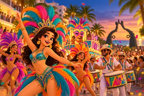 An illustrated Carnaval parade on Playa's waterfront at sunset: dancers in feathered costumes, drummers and a lit float, with the Portal Maya sculpture behind them