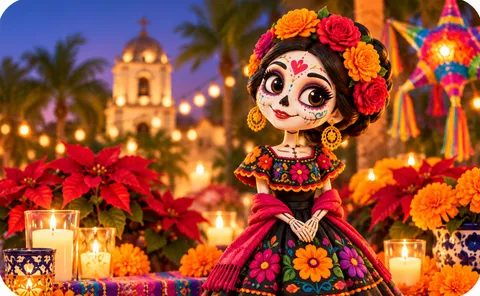 An illustrated Catrina figure with skull face paint, a crown of roses and marigolds and an embroidered dress, among candles, poinsettias and marigolds at night