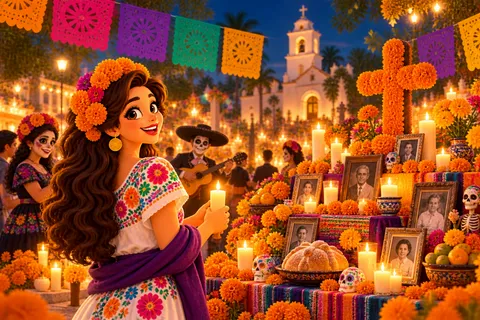 An illustrated nighttime Día de Muertos celebration: a smiling woman with marigolds in her hair holds a candle beside a large public altar with family photos, pan de muerto and a marigold cross, while a skeleton-painted musician plays guitar