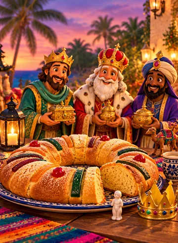 An illustrated Three Kings' Day scene: the three Kings holding golden gift boxes behind a large Rosca de Reyes, with a small baby figurine and a paper crown on the table