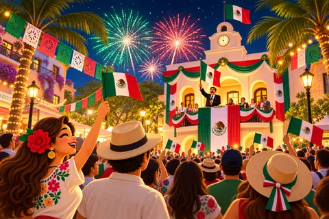 An illustrated nighttime Independence celebration: a crowd waving Mexican flags in a plaza strung with papel picado as fireworks burst above a decorated government building