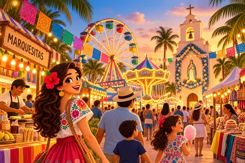 An illustrated evening fair with a lit Ferris wheel and carousel, food stalls and families strolling under papel picado, near a church decorated with an image of the Virgen del Carmen