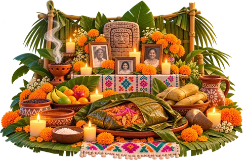 An illustrated Hanal Pixán altar with a banana-leaf-wrapped pib, tamales, candles, marigolds, family photographs, fruit, clay pots and an embroidered cloth, framed by palm fronds