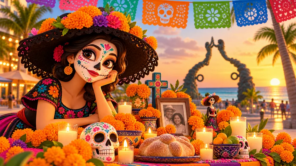 An illustrated smiling Catrina in a marigold-trimmed hat resting beside a Día de Muertos altar with candles, pan de muerto, sugar skulls and a family photo, under papel picado on Playa del Carmen's waterfront with the Portal Maya sculpture at sunset