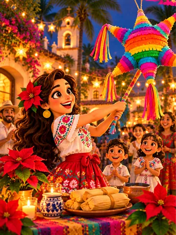 An illustrated Posada at night: a smiling woman with a poinsettia in her hair swings at a star-shaped piñata while children and neighbors cheer, beside a table of tamales and poinsettias