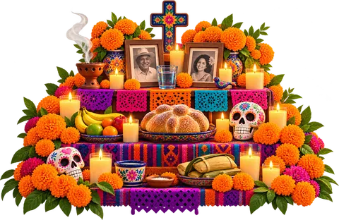 An illustrated tiered Día de Muertos ofrenda with orange marigolds, candles, framed family photographs, a glass of water, pan de muerto, fruit, sugar skulls, copal incense and colorful papel picado