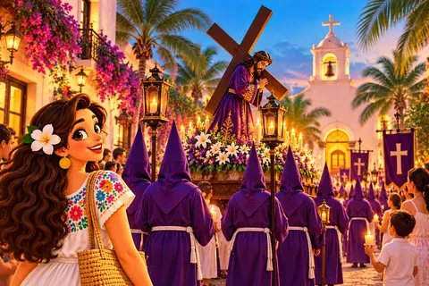An illustrated evening Holy Week procession: a statue of Jesus carrying the cross on a flower-covered float, accompanied by robed penitents with lanterns and onlookers holding candles near a church