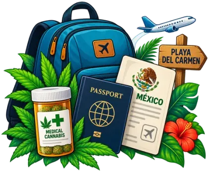 An illustrated travel backpack, passport, a Mexico document, a prescription bottle labeled MEDICAL CANNABIS, an airplane, and a wooden signpost reading PLAYA DEL CARMEN