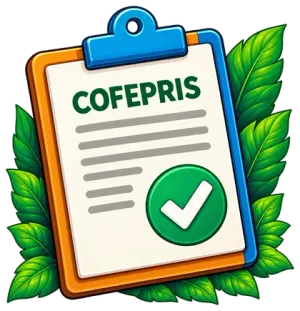 An illustrated clipboard labeled COFEPRIS with a green checkmark seal, surrounded by tropical leaves