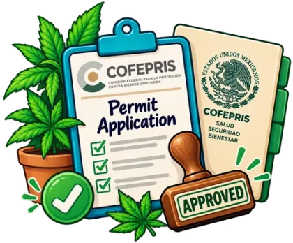 An illustrated COFEPRIS permit application clipboard with checkmarks, an APPROVED stamp, and a Mexican government folder