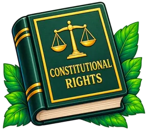 An illustrated dark green book labeled CONSTITUTIONAL RIGHTS with a gold scales-of-justice emblem, surrounded by tropical leaves