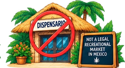 An illustrated dispensary storefront with a red no-entry symbol over the word DISPENSARIO, labeled NOT A LEGAL RECREATIONAL MARKET IN MEXICO